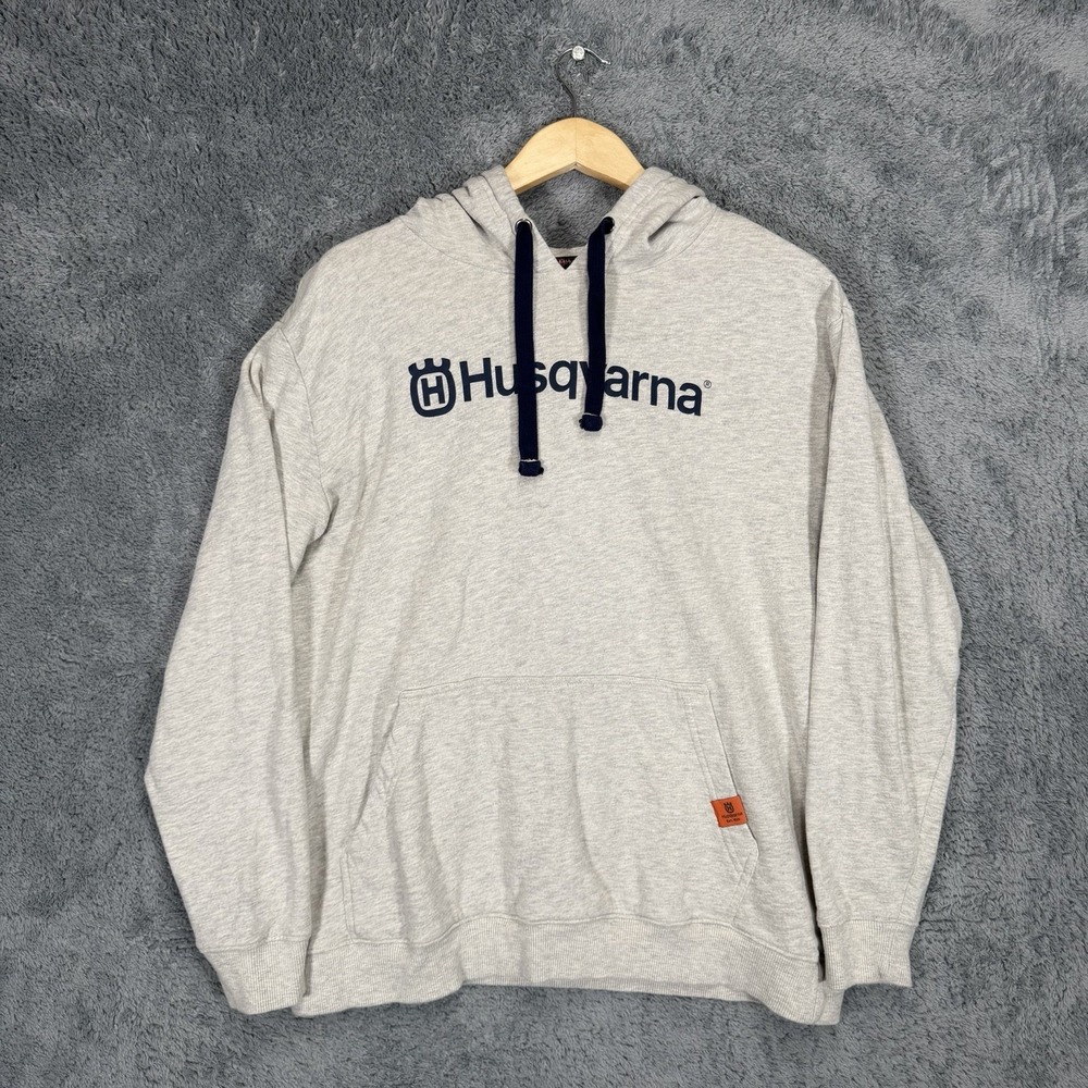 Husqvarna Spar Hoodie Mens L Heather Gray Kangaroo Pocket Spellout Cotton Blend
